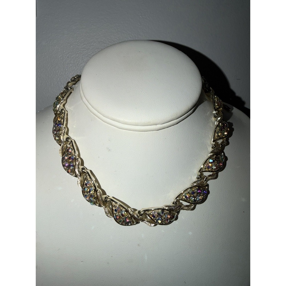 Coro Vintage Gold Tone Necklace Rhinestone Aurora Borealis Crystals Choker VTG